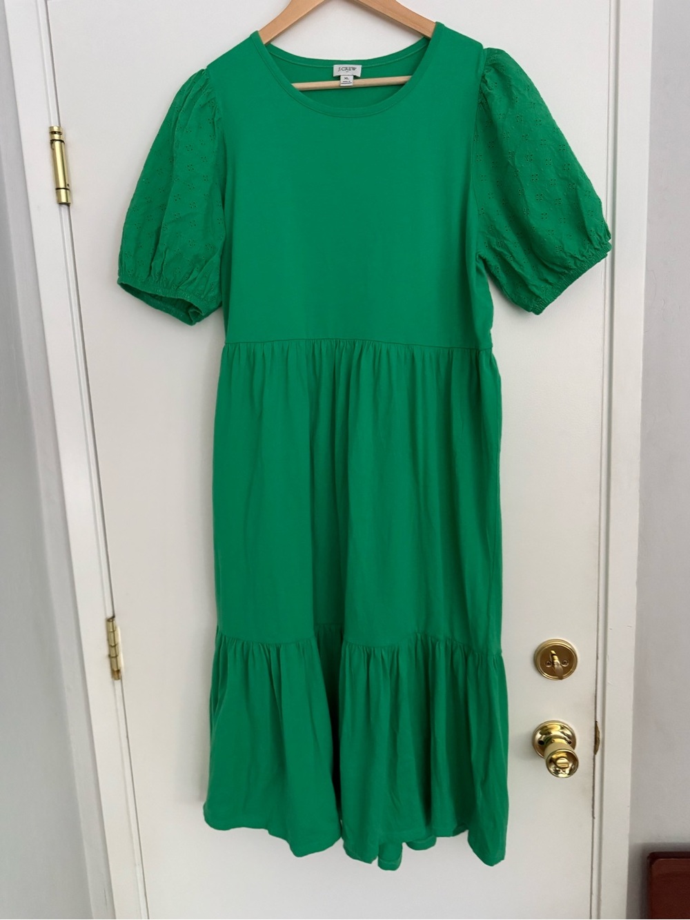 J. Crew Emerald Green Puff Sleeve Tiered Midi Dress